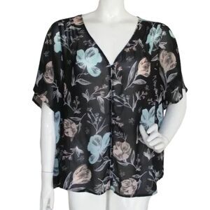 Torrid Sheer Top, 1/1X, Button front Floral, SS, Black/Blue/Pink